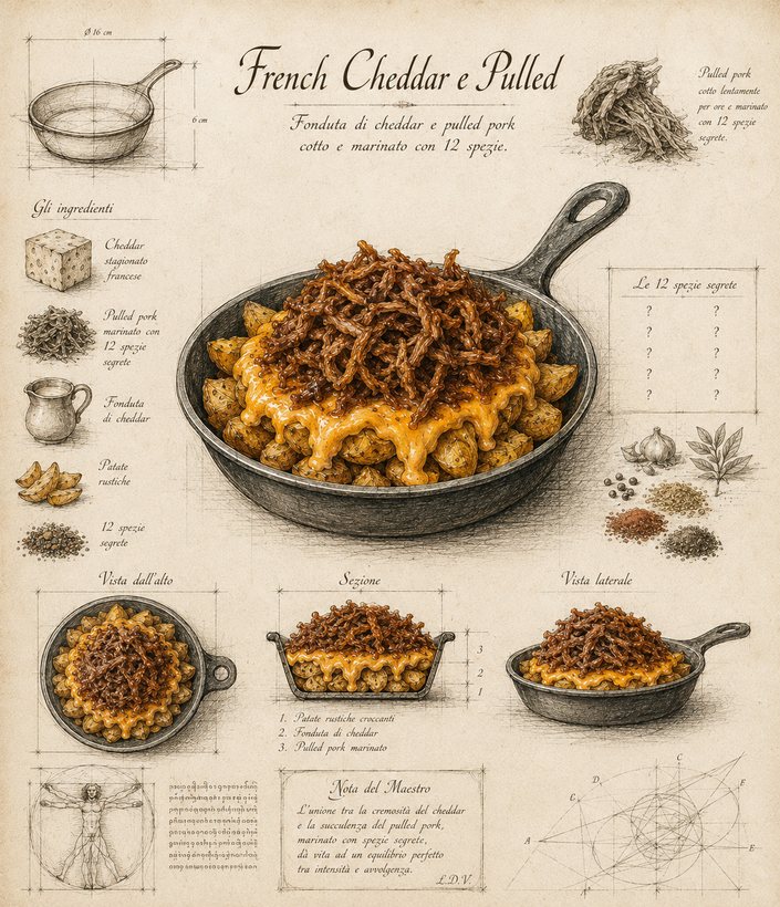 French Cheddar e Pulled: patate rustiche, fonduta di cheddar e pulled pork