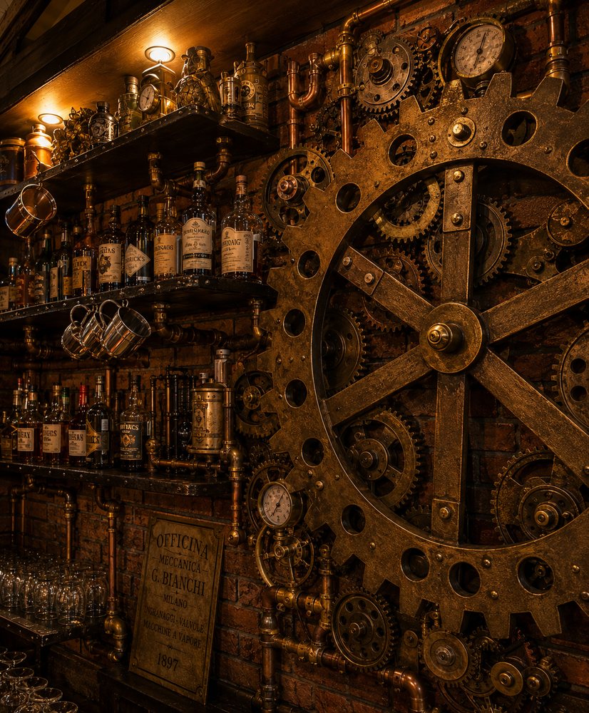 Il bancone del Kraken, con la grande ruota dentata e i distillati
